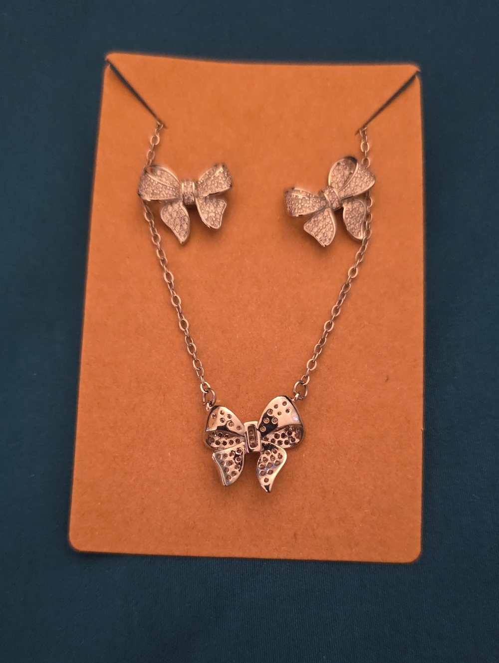 Bow Pendant Necklace and Stud Earrings Set - Silver Bow Jewelry